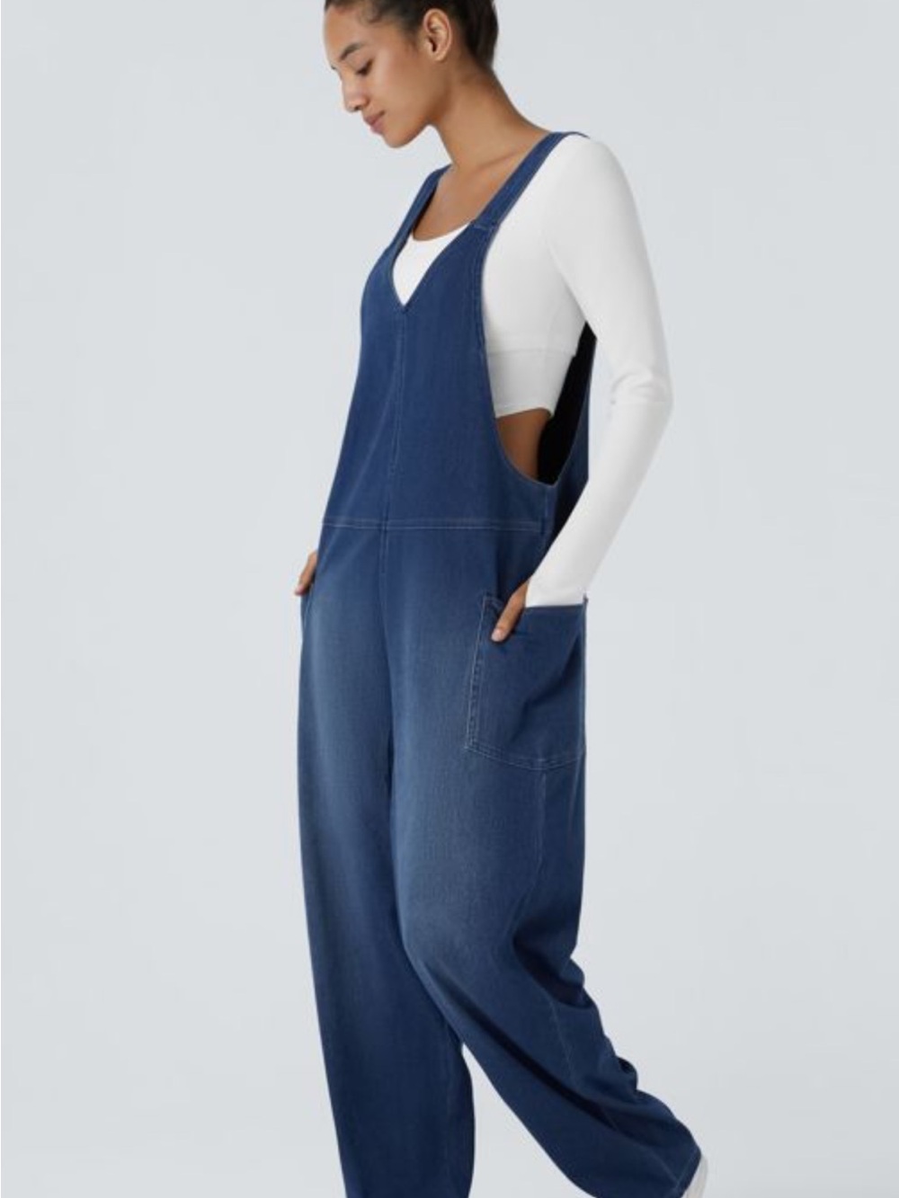 HALARA Dark Blue V-Neck Denim Overalls for Women - Picture 3 of 11